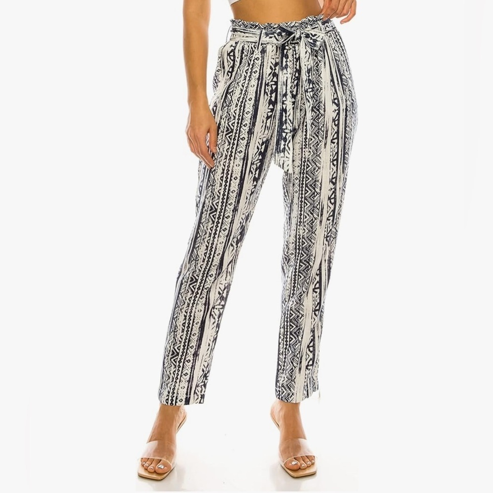 Cali 1850 Women's Linen Blend Paperbag Pants M High-Waisted Tie Belt Pockets